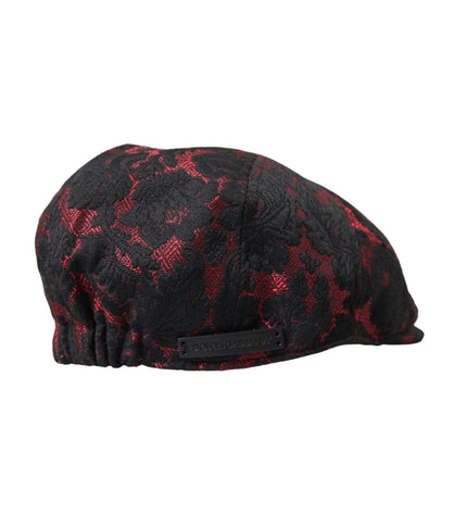 Dolce & Gabbana Black Red Floral Jacquard Newsboy Hat Men