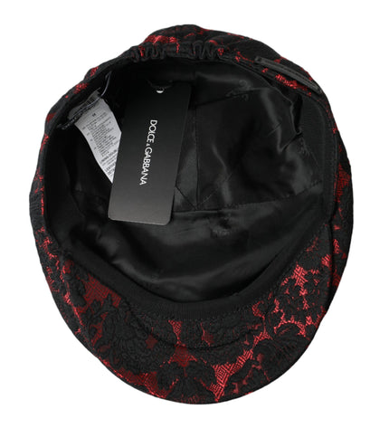 Dolce & Gabbana Black Red Floral Jacquard Newsboy Hat Men