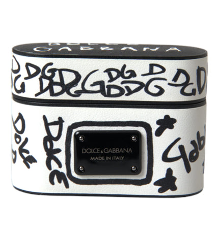 Dolce & Gabbana Black White Leather Scribble Embossed Logo Airpods Case