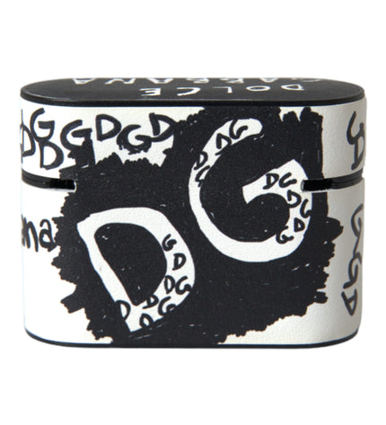 Dolce & Gabbana Black White Leather Scribble Embossed Logo Airpods Case