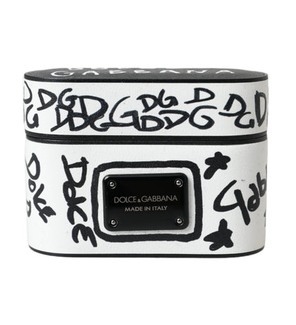 Dolce & Gabbana Black White Leather Scribble Embossed Logo Airpods Case