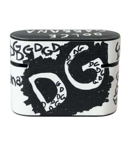 Dolce & Gabbana Black White Leather Scribble Embossed Logo Airpods Case