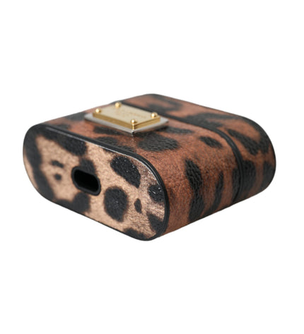 Dolce & Gabbana Brown Leopard Calf Leather Logo Plaque Airpods Case