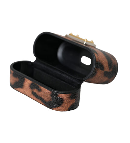 Dolce & Gabbana Brown Leopard Calf Leather Logo Plaque Airpods Case