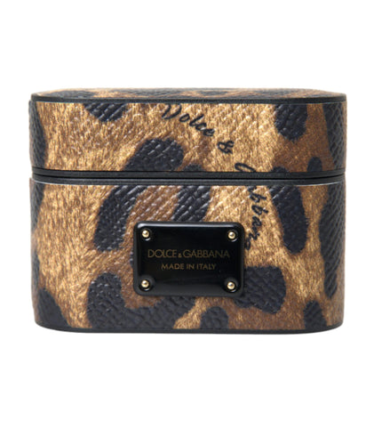 Dolce & Gabbana Brown Leopard Calf Leather Metal Logo Plaque Airpods Case