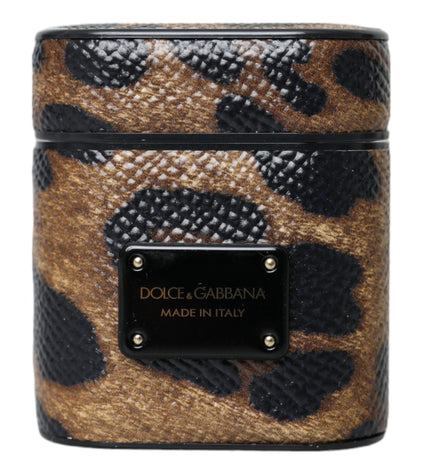 Dolce & Gabbana Brown Leopard Calf Leather Metal Logo Plaque Airpods Case