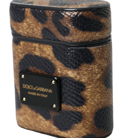 Dolce & Gabbana Brown Leopard Calf Leather Metal Logo Plaque Airpods Case