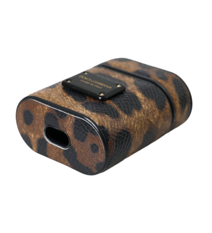 Dolce & Gabbana Brown Leopard Calf Leather Metal Logo Plaque Airpods Case