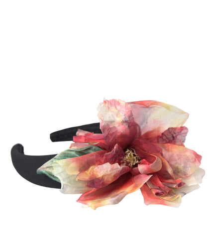 Dolce & Gabbana Rose Pink Silk Floral Black Tiara Women Hairband Diadem