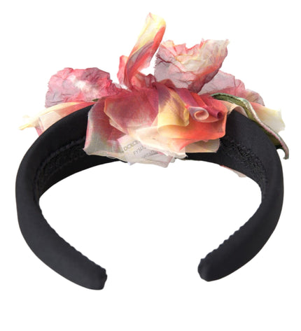 Dolce & Gabbana Rose Pink Silk Floral Black Tiara Women Hairband Diadem