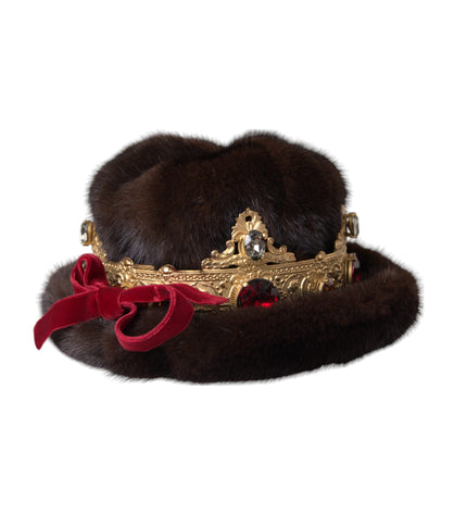 Dolce & Gabbana Dark Brown Mink Fur Gold Crystal Crown Hat