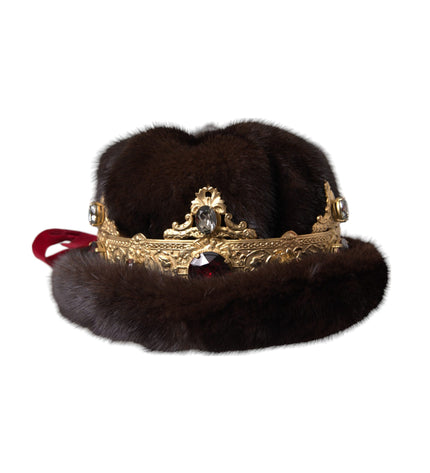 Dolce & Gabbana Dark Brown Mink Fur Gold Crystal Crown Hat