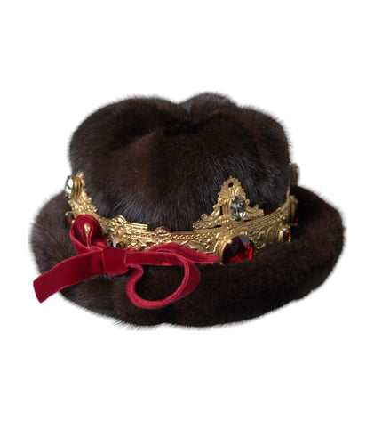 Dolce & Gabbana Dark Brown Mink Fur Gold Crystal Crown Hat