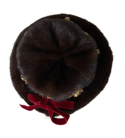 Dolce & Gabbana Dark Brown Mink Fur Gold Crystal Crown Hat