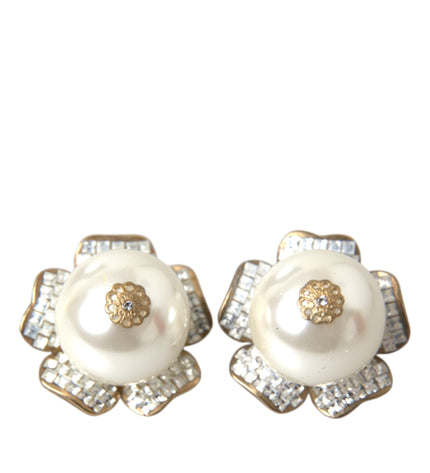 Dolce & Gabbana Gold Tone Maxi Faux Pearl Floral Clip-on Jewelry Earrings