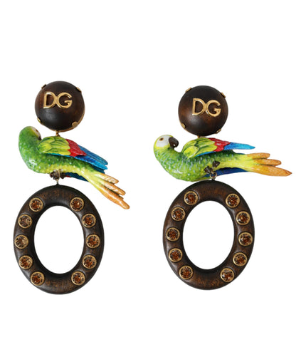 Dolce & Gabbana Multicolor Parrot Wood Brass Crystal Embellished Earrings