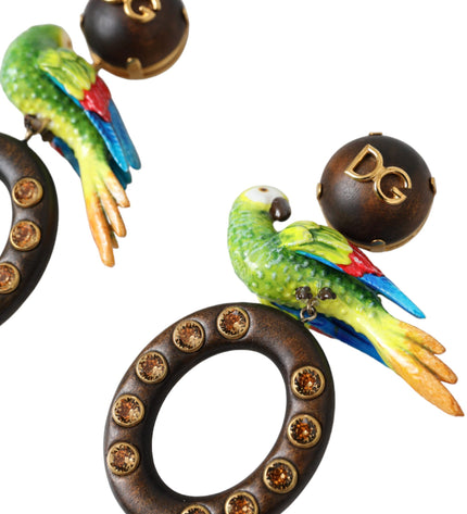 Dolce & Gabbana Multicolor Parrot Wood Brass Crystal Embellished Earrings