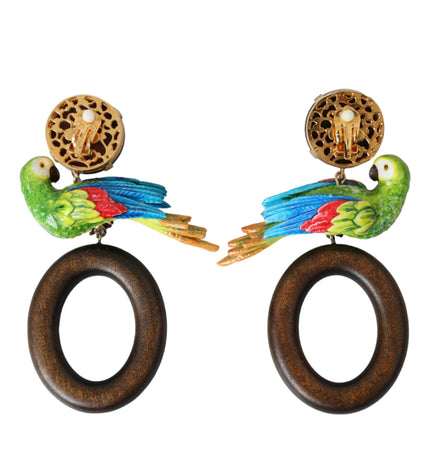 Dolce & Gabbana Multicolor Parrot Wood Brass Crystal Embellished Earrings