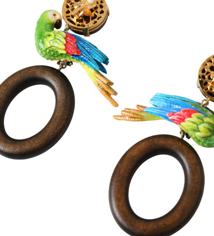 Dolce & Gabbana Multicolor Parrot Wood Brass Crystal Embellished Earrings