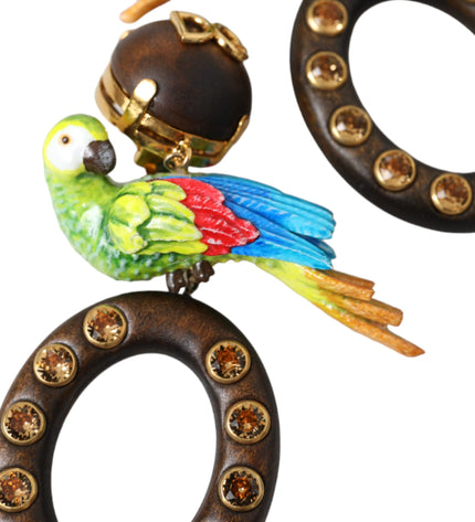 Dolce & Gabbana Multicolor Parrot Wood Brass Crystal Embellished Earrings