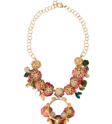 Dolce & Gabbana Gold Brass Link Chain RosePetal Crystal Pendant Necklace