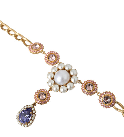 Dolce & Gabbana Gold Brass Crystal Purple Pink Pearl Pendants Necklace