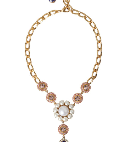 Dolce & Gabbana Gold Brass Crystal Purple Pink Pearl Pendants Necklace