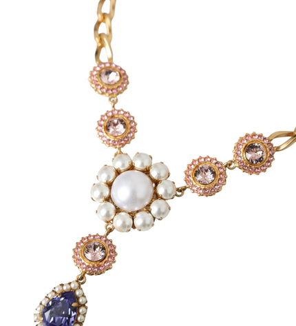 Dolce & Gabbana Gold Brass Crystal Purple Pink Pearl Pendants Necklace