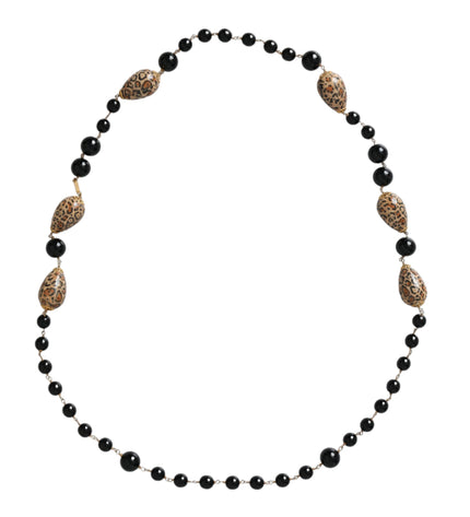 Dolce & Gabbana Gold Tone Brass Black Printed Beaded Long Chain Necklace