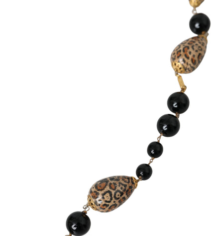 Dolce & Gabbana Gold Tone Brass Black Printed Beaded Long Chain Necklace