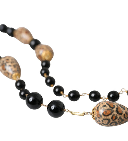 Dolce & Gabbana Gold Tone Brass Black Printed Beaded Long Chain Necklace