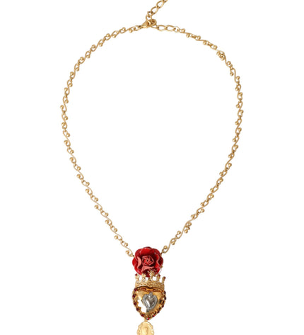 Dolce & Gabbana Gold BrassChain Sacred Heart Rose Crystal Charm Necklace