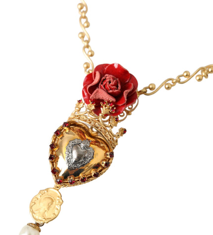 Dolce & Gabbana Gold BrassChain Sacred Heart Rose Crystal Charm Necklace