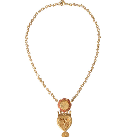 Dolce & Gabbana Gold BrassChain Sacred Heart Rose Crystal Charm Necklace