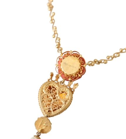 Dolce & Gabbana Gold BrassChain Sacred Heart Rose Crystal Charm Necklace