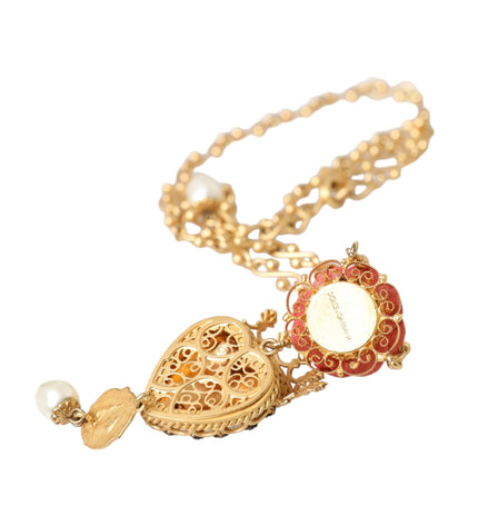 Dolce & Gabbana Gold BrassChain Sacred Heart Rose Crystal Charm Necklace