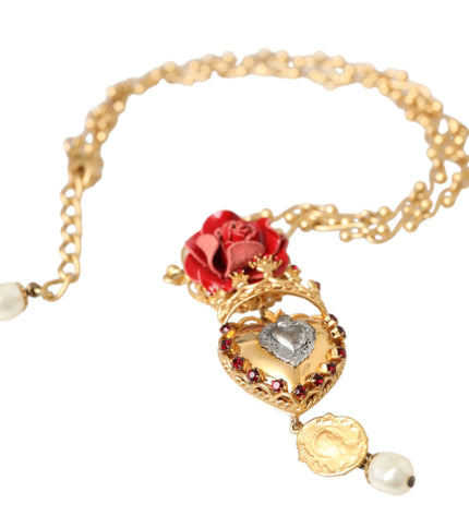 Dolce & Gabbana Gold BrassChain Sacred Heart Rose Crystal Charm Necklace