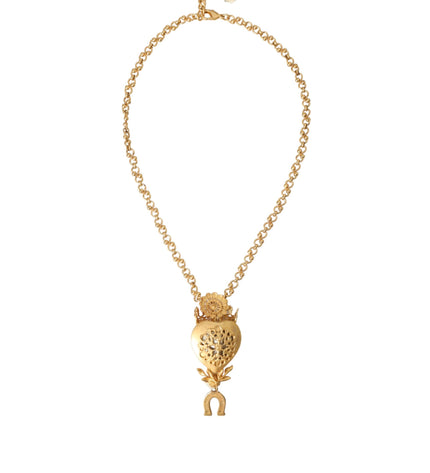 Dolce & Gabbana Gold Brass Chain Sacred Heart Crystal Charm Necklace