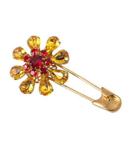 Dolce & Gabbana Gold Brass Floral Crystal Jewelry Brooch Pin