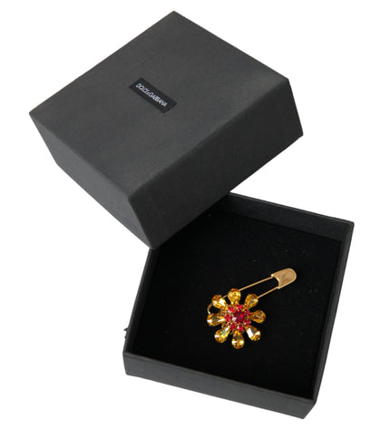 Dolce & Gabbana Gold Brass Floral Crystal Jewelry Brooch Pin