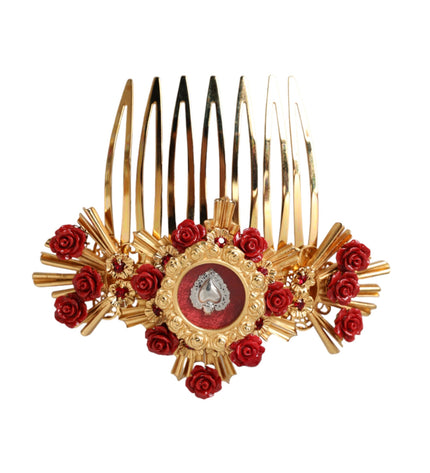 Dolce & Gabbana Gold Brass Crystal Heart Floral Hair Comb