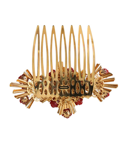 Dolce & Gabbana Gold Brass Crystal Heart Floral Hair Comb