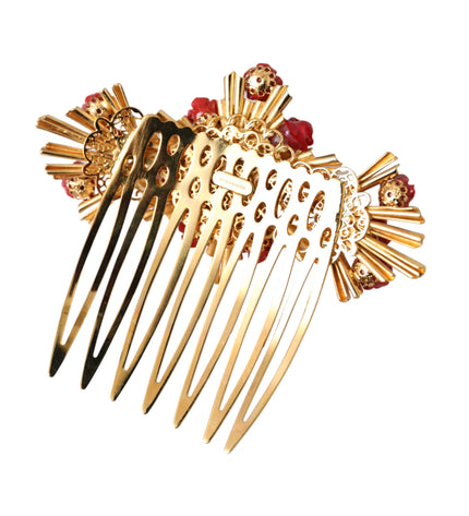 Dolce & Gabbana Gold Brass Crystal Heart Floral Hair Comb