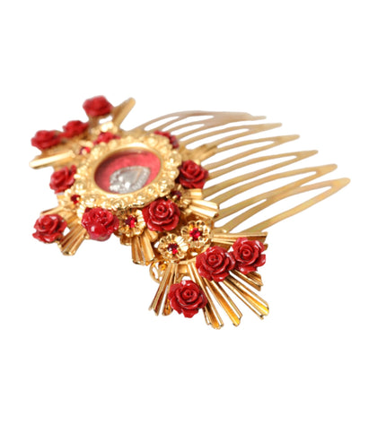 Dolce & Gabbana Gold Brass Crystal Heart Floral Hair Comb