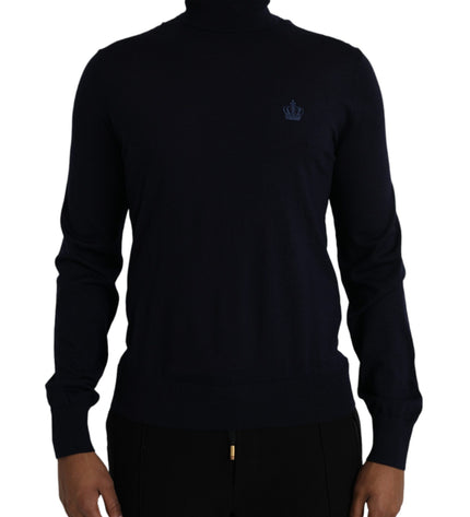 Dolce & Gabbana Blue Wool Crown Turtleneck Pullover Sweater