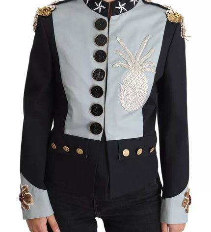 Dolce & Gabbana Blue Button Crystal Embellished Cotton Jacket