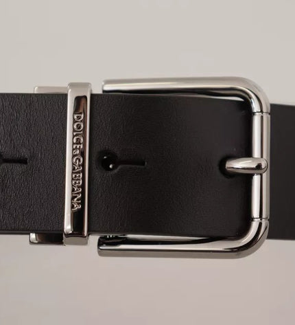 Dolce & Gabbana Black Calf Leather Logo Engraved Metal Buckle Belt