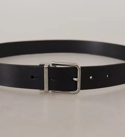 Dolce & Gabbana Black Calf Leather Logo Engraved Metal Buckle Belt