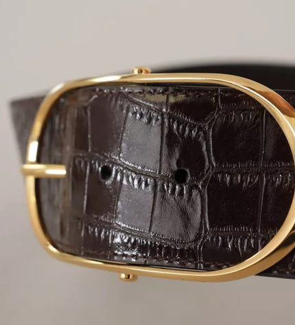 Dolce & Gabbana Brown Crocodile Pattern Leather Gold Oval Buckle Belt