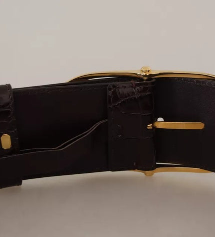 Dolce & Gabbana Brown Crocodile Pattern Leather Gold Oval Buckle Belt